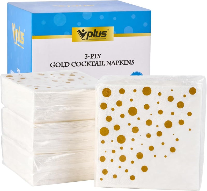 Vplus 200 Pack Cocktail Napkins Paper, 3-Ply Beverage Napkins, Disposable Gold Square Napkins, Perfect for Restaurant, Event, Bar, Wedding, Baby Shower and Birthday Party - Image 1